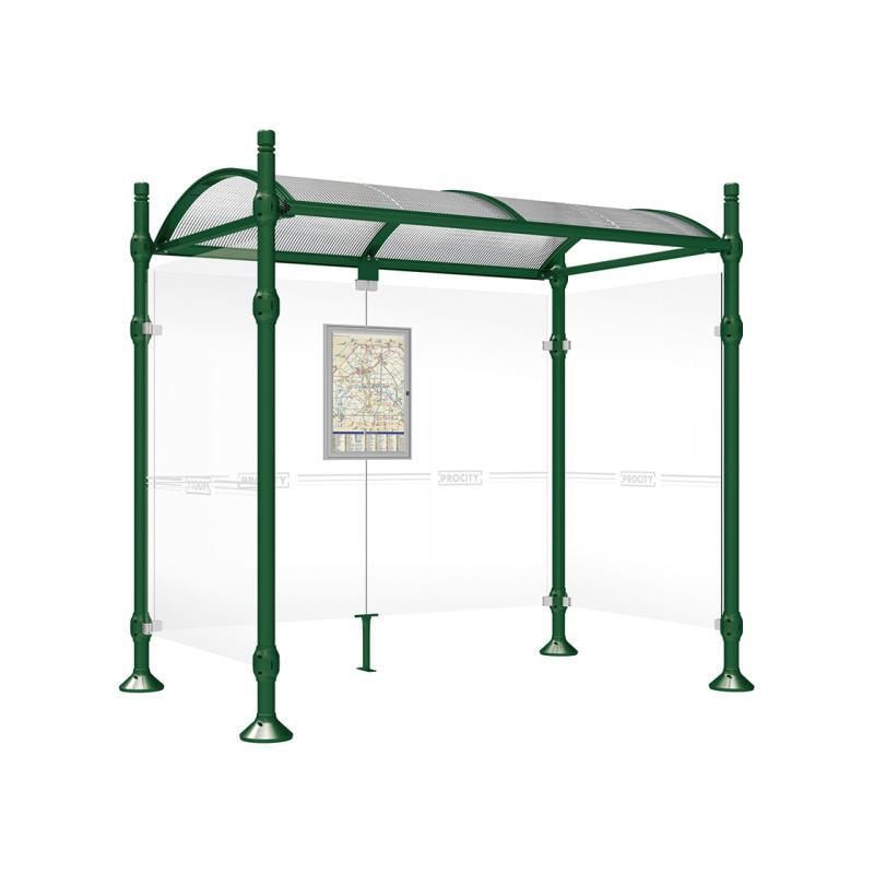 Buswartehalle, Unterstand, 2 Seitenwände, Kopf gebürsteter Edelstahl, ESG, Fahrplanschaukasten, 2.500 x 2.500 x 1.600 mm (HxBxT), Farbe enzianblau
