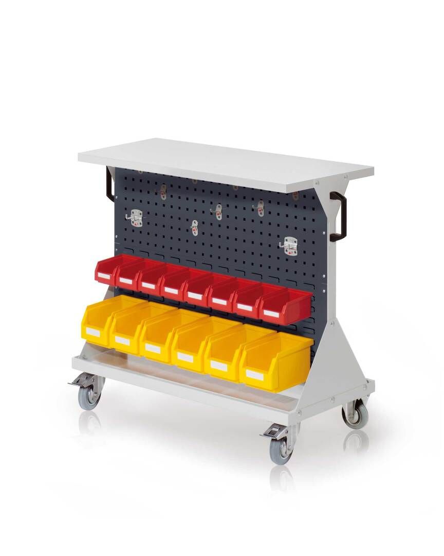Mobiler Rollwagen, 2 Loch- und 2 Schlitzplatten, 10 Halter und 14 Sichtlagerkästen, Ablageboden, 930 x 1.000 x 500 mm (HxBxT), Anthrazitgrau