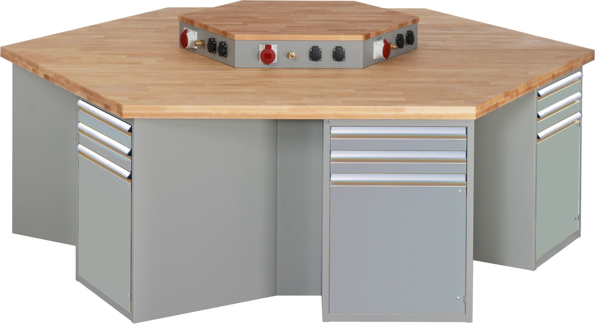 Gruppenwerkbank, Buche, Höhe 840 mm, mit Energieaufsatz, Unterbau-Container, 2 Schubladen, 1 Tür, 1 Boden - Anthrazitgrau
