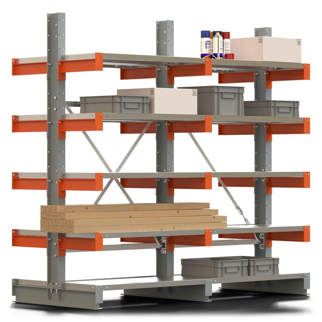 Doppelseitiges Kragarmregal mit Fachböden, 2 Felder, 2.000 x 2.000 (HxB), Nutztiefe 1.000 mm, Kragarmlast 450 kg, KARL basic, silbergrau/reinorange