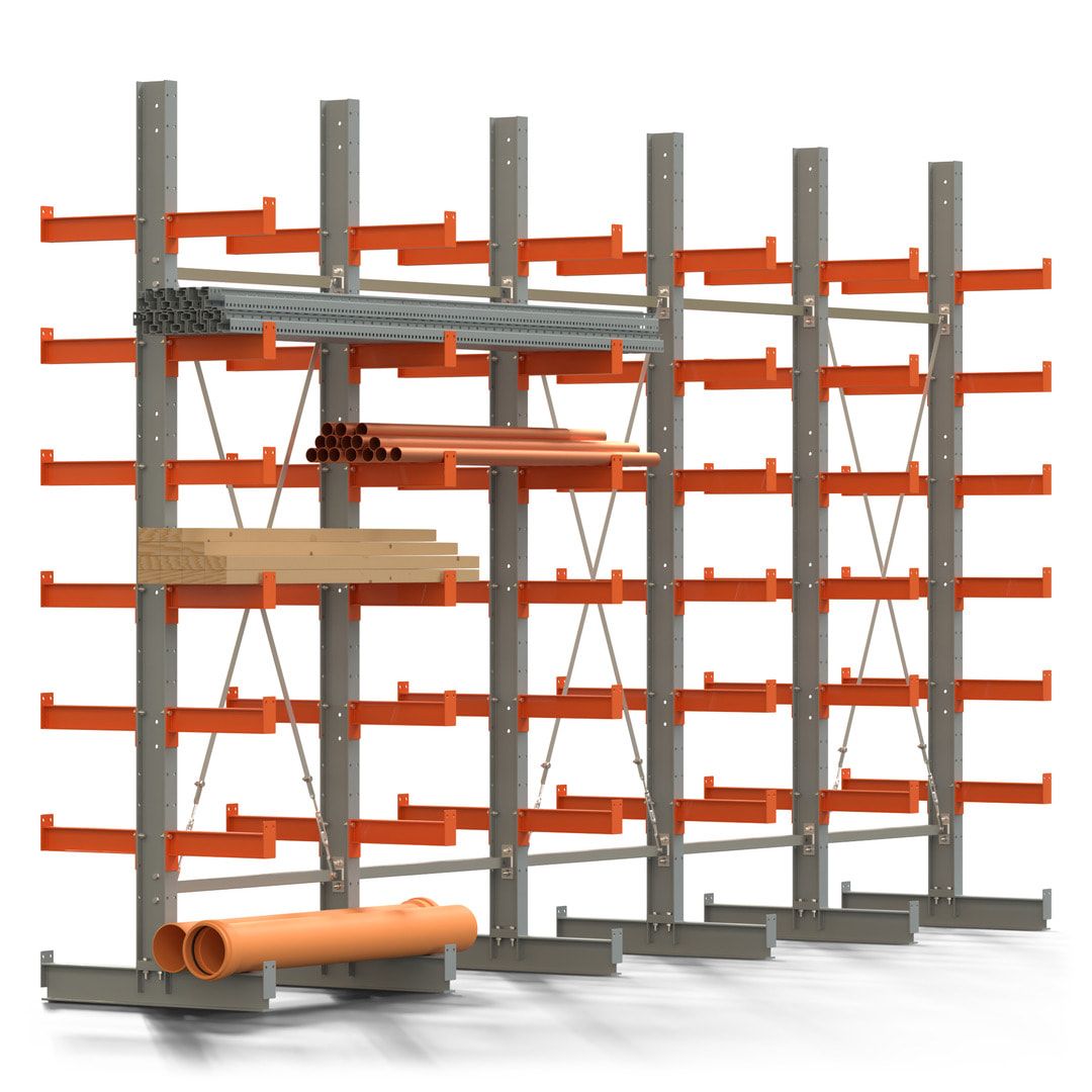Doppelseitiges Kragarmregal, 2 Felder, 3.000 x 2.000 x 1.120 mm (HxBxT), Nutztiefe 500 mm, Kragarmlast 870 kg, KARL basic, silbergrau/reinorange