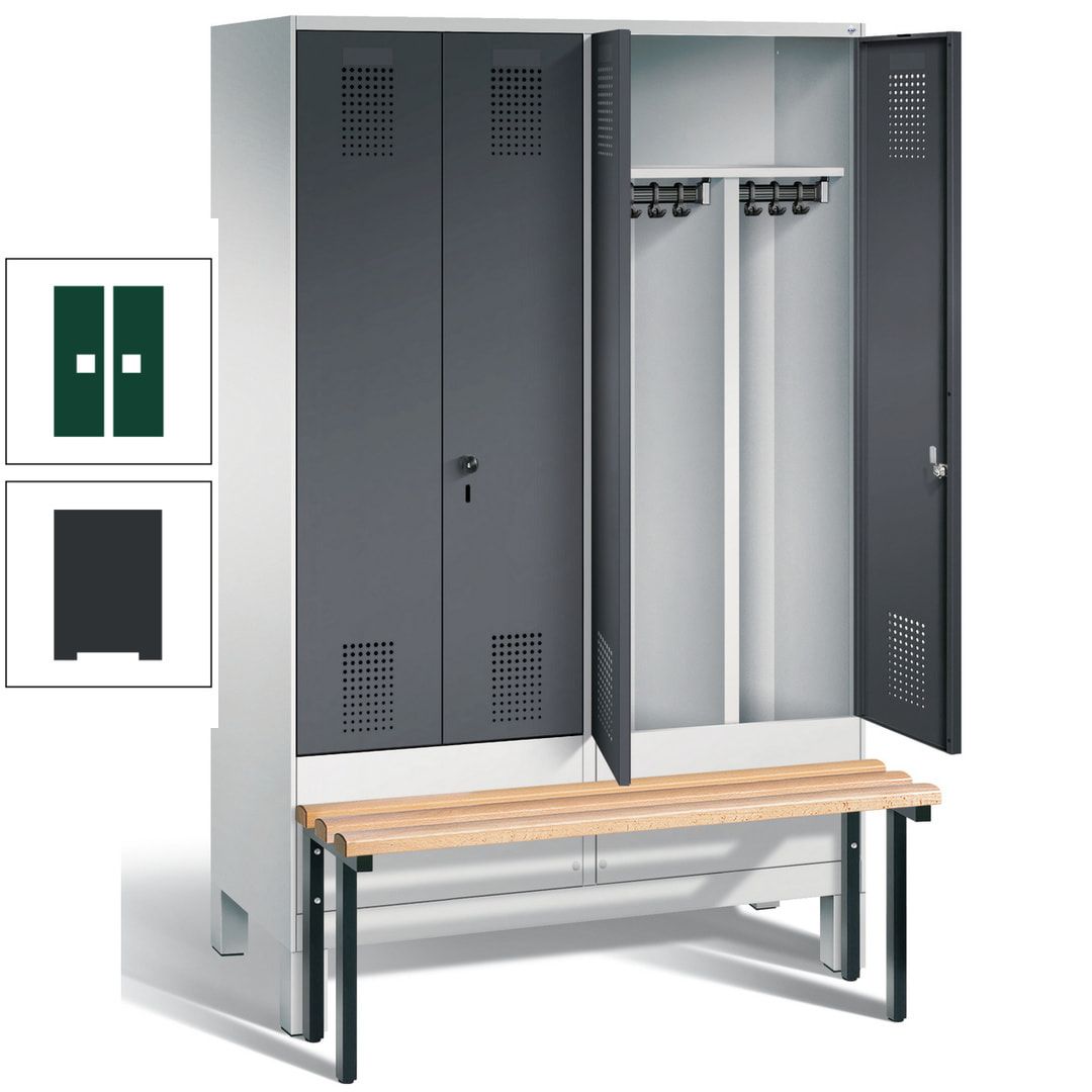 Doppel-Spind, Garderobenschrank, Buche Sitzbank vorgebaut, 4 Abteile a 300 mm, Korpus feuerrot, Tür Wasserblau, 1.850 x 1.200 x 815 mm (HxBxT)