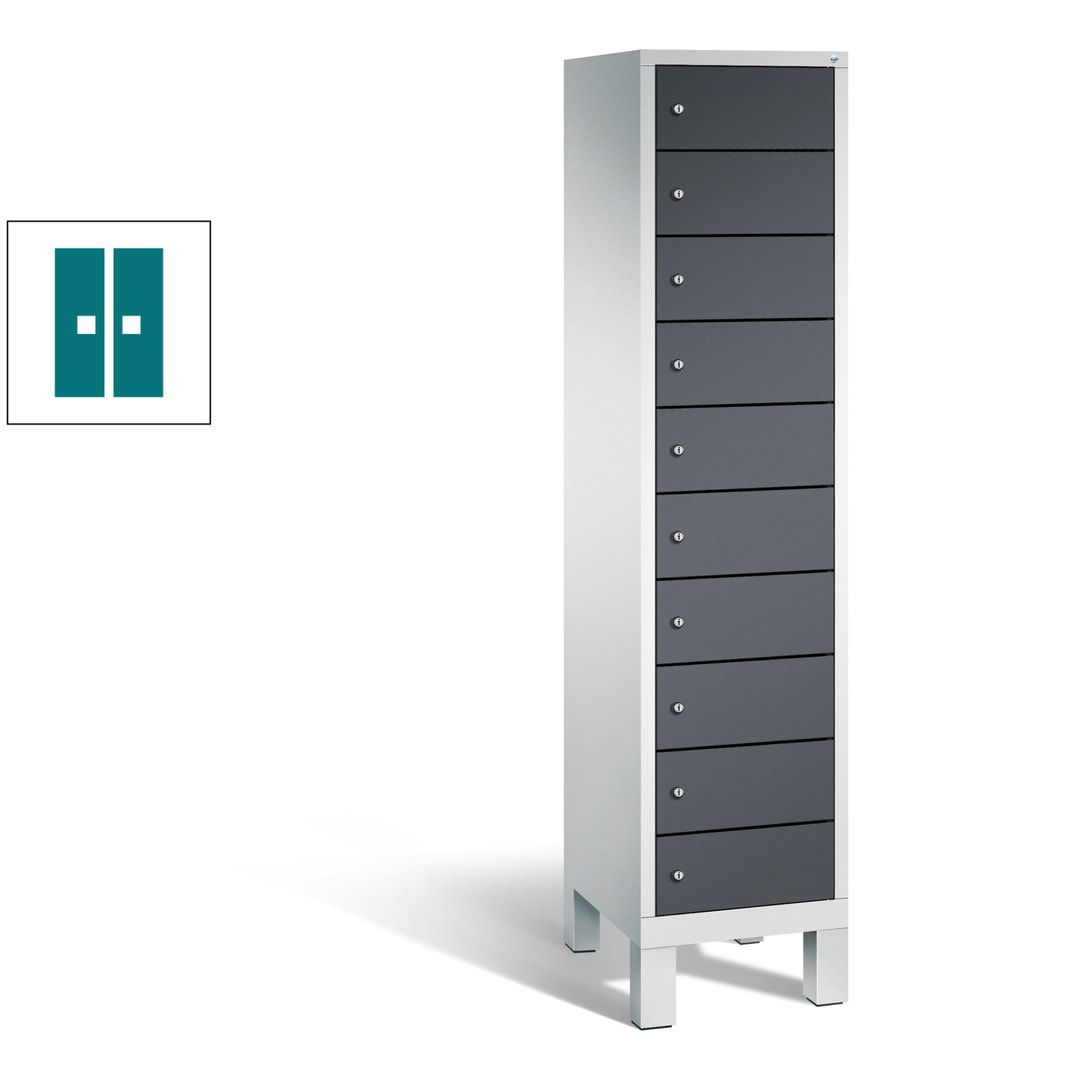 Laptopschrank, Tabletschrank, Computerschrank auf Füßen, 10 Fächer, 1.850 x 420 x 500 mm (HxBxT), Korpus gelborange, Tür anthrazitgrau