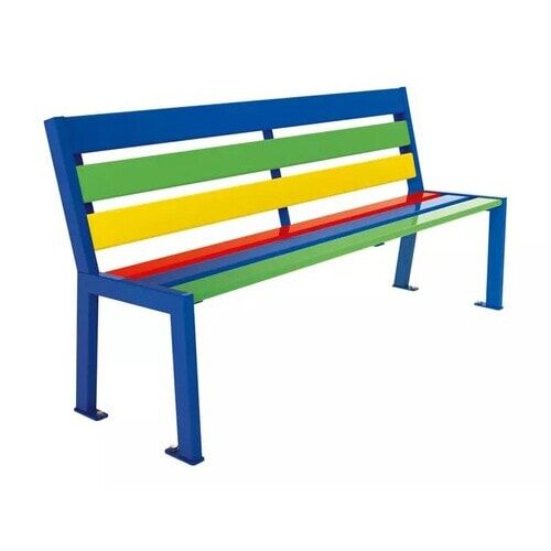 Kindersitzbank, Sitzbank 500 x 1.500 x 379 mm (HxBxT), Tropenholz mehrfarbig, Stahlguss verzinkt, beschichtet in enzianblau, auf Bodenplatten