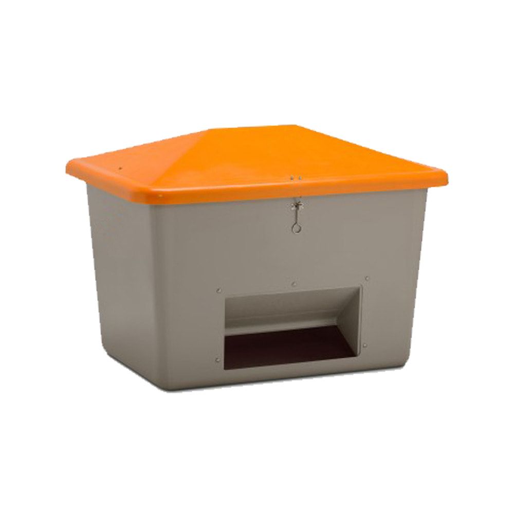 Streugutbehälter für Streusalz, Winterstreumittel, Futtermittel, 700 l Volumen, 960 x 1.340 x 990 mm (HxBxT), GFK, grau/orange