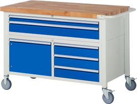 Mobile Werkbank, Schrank - 5 Schubladen - Teilauszug - 60:1/120:4 - Höhe 920-1.120 mm - 1.250 x 700 mm - 450 kg - Farbe wählbar