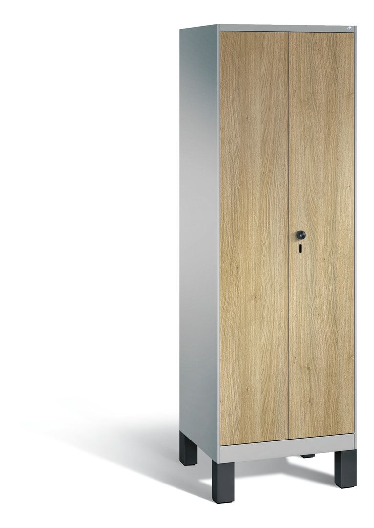 Doppel-Spind, Garderobenschrank mit Füßen, 2 Abteile a 300 mm, Korpus anthrazitgrau, Tür Dekorfront HPL Donau-Ahorn, 1.850 x 600 x 500 mm (HxBxT)