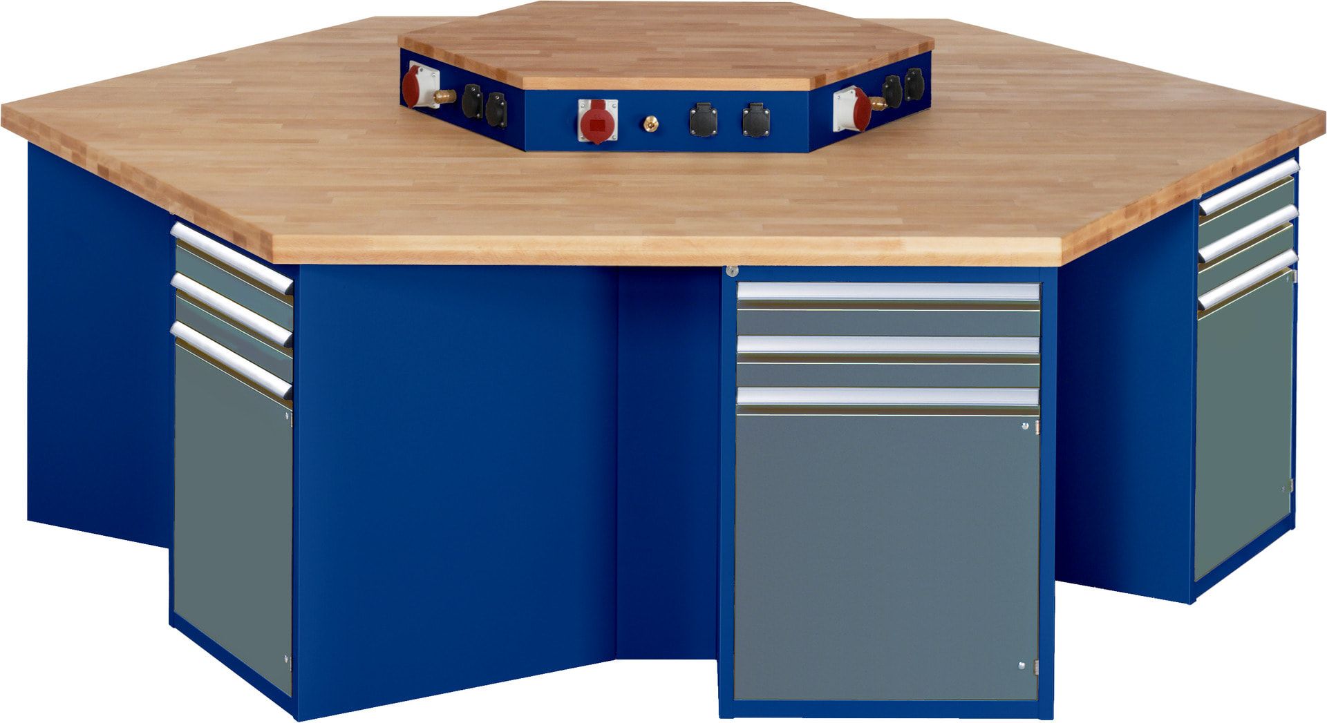 Gruppenwerkbank, Buche, Höhe 840 mm, mit Energieaufsatz, Unterbau-Container, 2 Schubladen, 1 Tür, 1 Boden - Anthrazitgrau