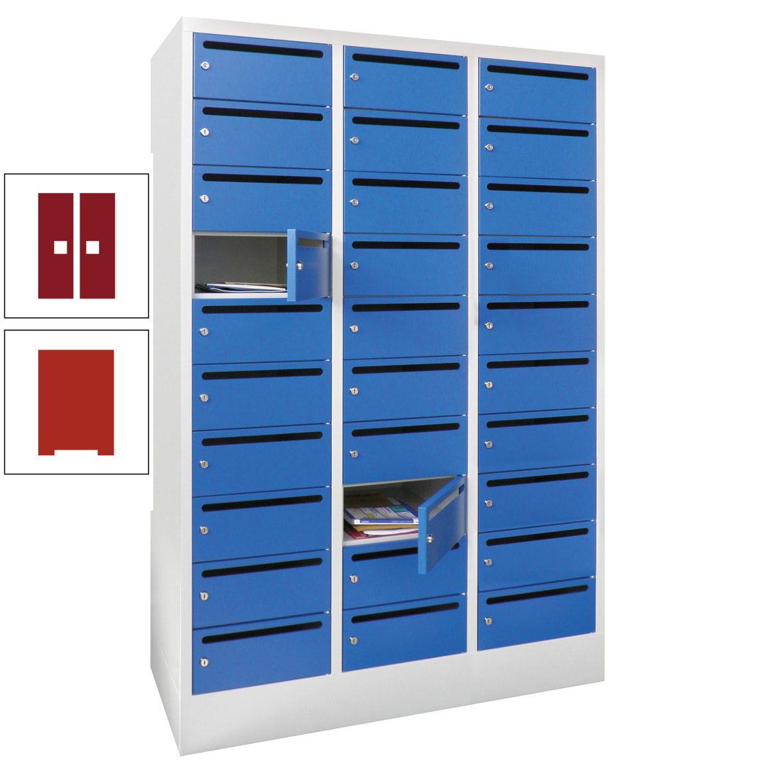Postverteilerschrank, Schließfachschrank, 3 Abteile a 300 mm, 30 Fächer, 1.850 x 900 x 500 mm (HxBxT), Korpus anthrazitgrau, Front anthrazitgrau