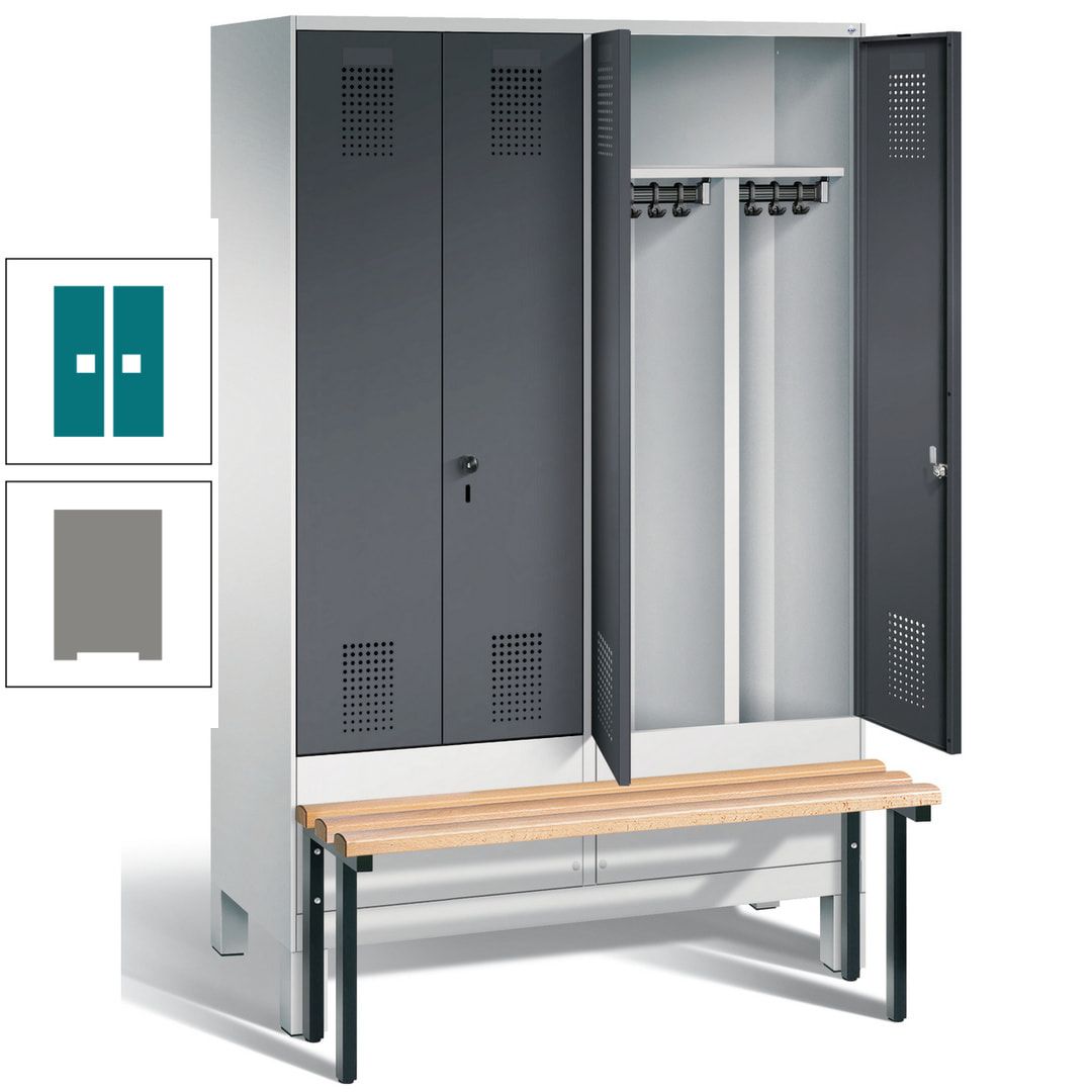 Doppel-Spind, Garderobenschrank, Buche Sitzbank vorgebaut, 4 Abteile a 300 mm, Korpus feuerrot, Tür Wasserblau, 1.850 x 1.200 x 815 mm (HxBxT)