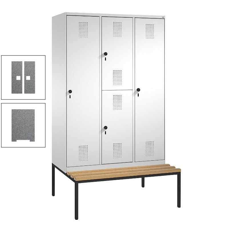 Garderobenschrank, Spind ein- und doppelstöckig Sitzbank, 3 Abteile, 4 Fächer, 2.090x1.200x500 mm (HxBxT), Front anthrazitgrau, Korpus anthrazitgrau