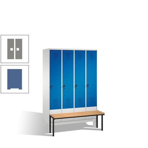 Stahl-Garderobenschrank, Spind, Buche Sitzbank vorgebaut, 4 Abteile a 300 mm, Korpus Lichtgrün, Tür Schwefelgelb, 1.850 x 1.200 x 815 mm (HxBxT)