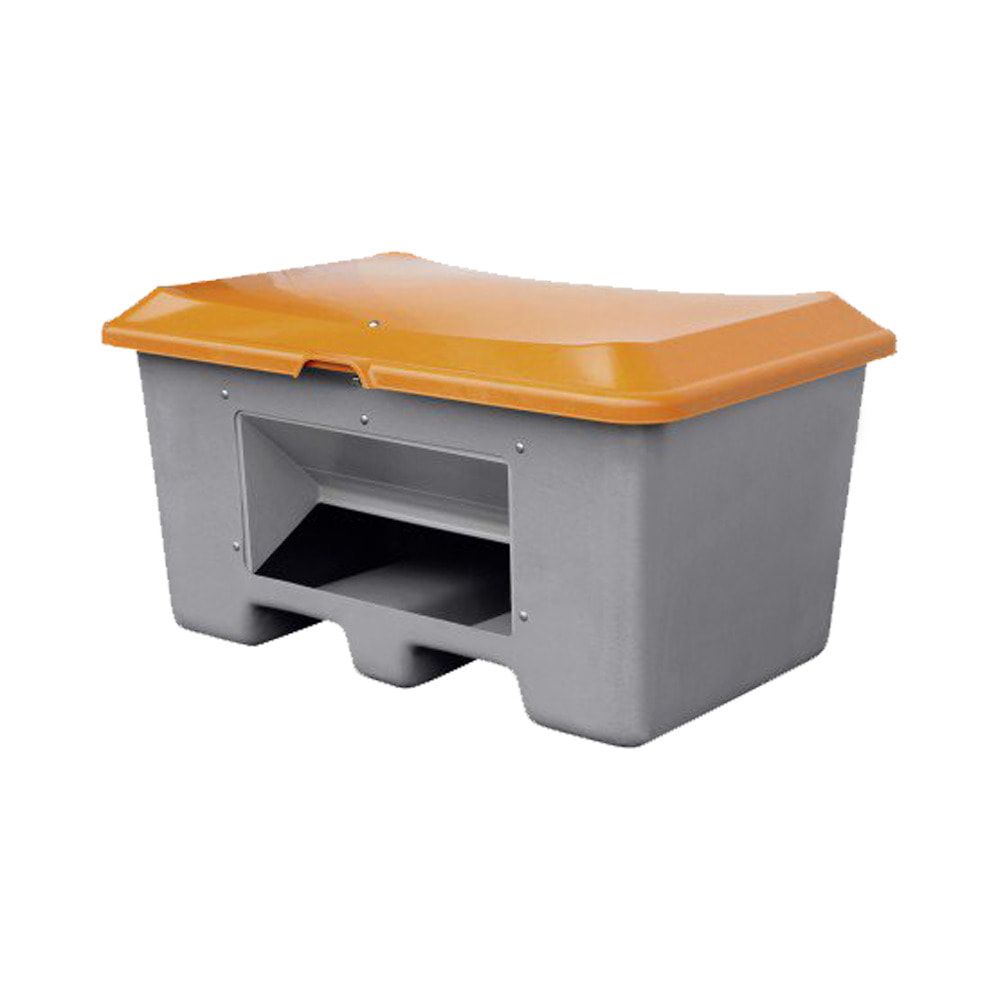 Streugutbehälter für Streusalz, Futtermittel, Entnahmeöffnung und Staplersockel, 400 l Volumen, 680 x 1.210 x 820 mm (HxBxT), grau/orange, aus GFK