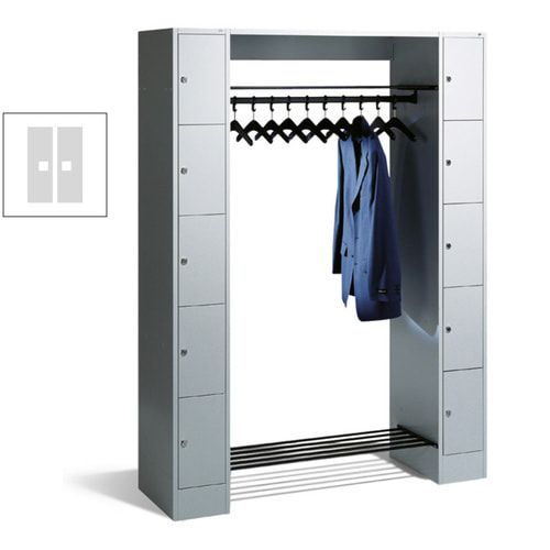 Garderobenanlage, Offene Garderobe mit Spindschrank, 10 Fächer, links/rechts, Korpus lichtgrau, Türfarbe enzianblau, 1.950 x 1.430 x 480 mm (HxBxT)
