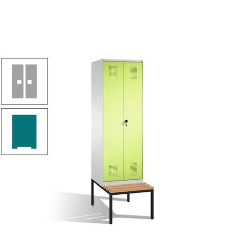 Doppel-Spind, Garderobenschrank, Buche Sitzbank untergebaut, 2 Abteile a 300 mm, Korpus anthrazitgrau, Tür anthrazitgrau, 2.090 x 600 x 815 mm (HxBxT)