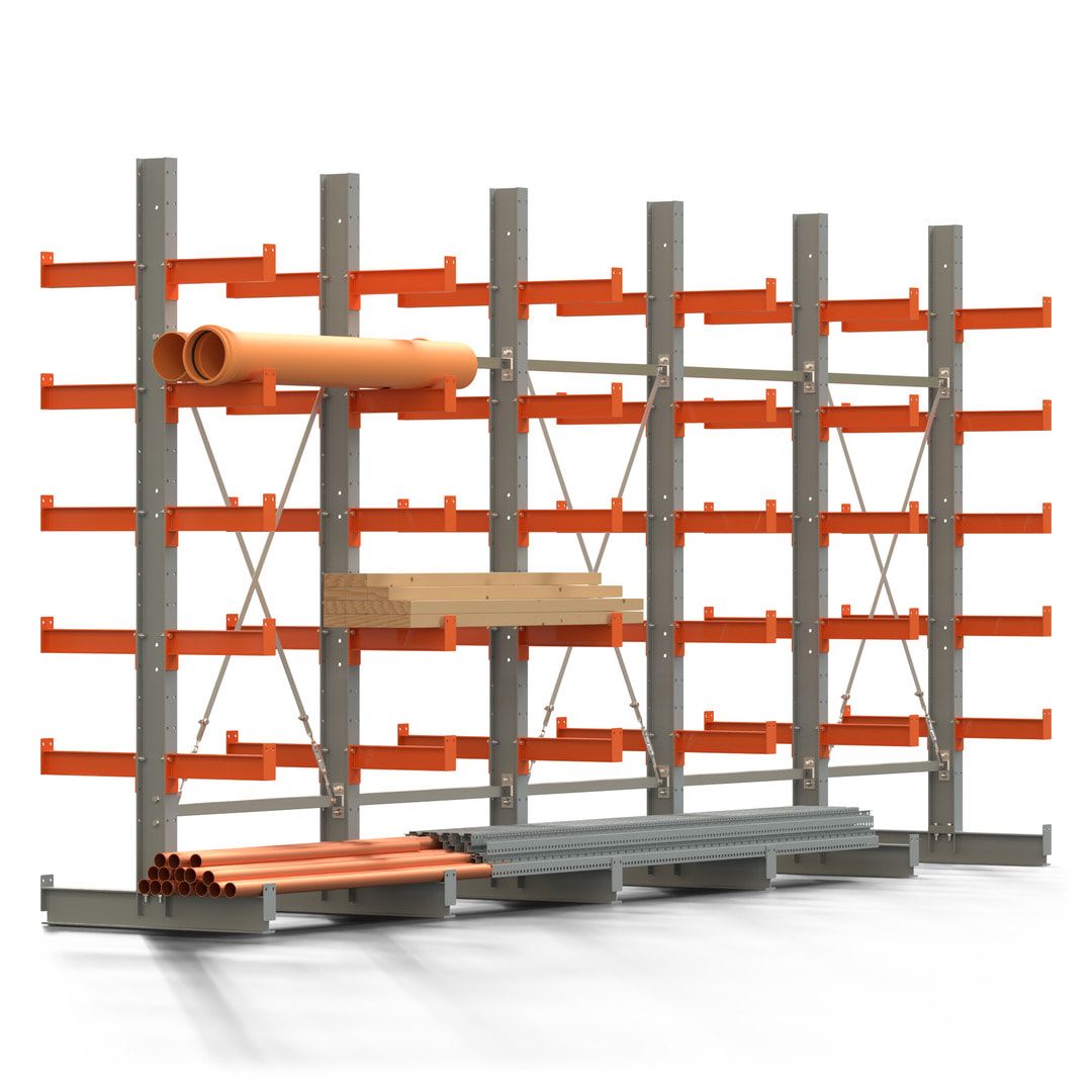 Doppelseitiges Kragarmregal, 2 Felder, 2.500 x 2.000 x 1.120 mm (HxBxT), Nutztiefe 500 mm, Kragarmlast 870 kg, KARL basic, silbergrau/reinorange