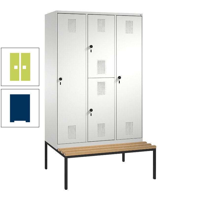 Garderobenschrank, Spind ein- und doppelstöckig Sitzbank, 3 Abteile, 4 Fächer, 2.090x1.200x500 mm (HxBxT), Front anthrazitgrau, Korpus anthrazitgrau