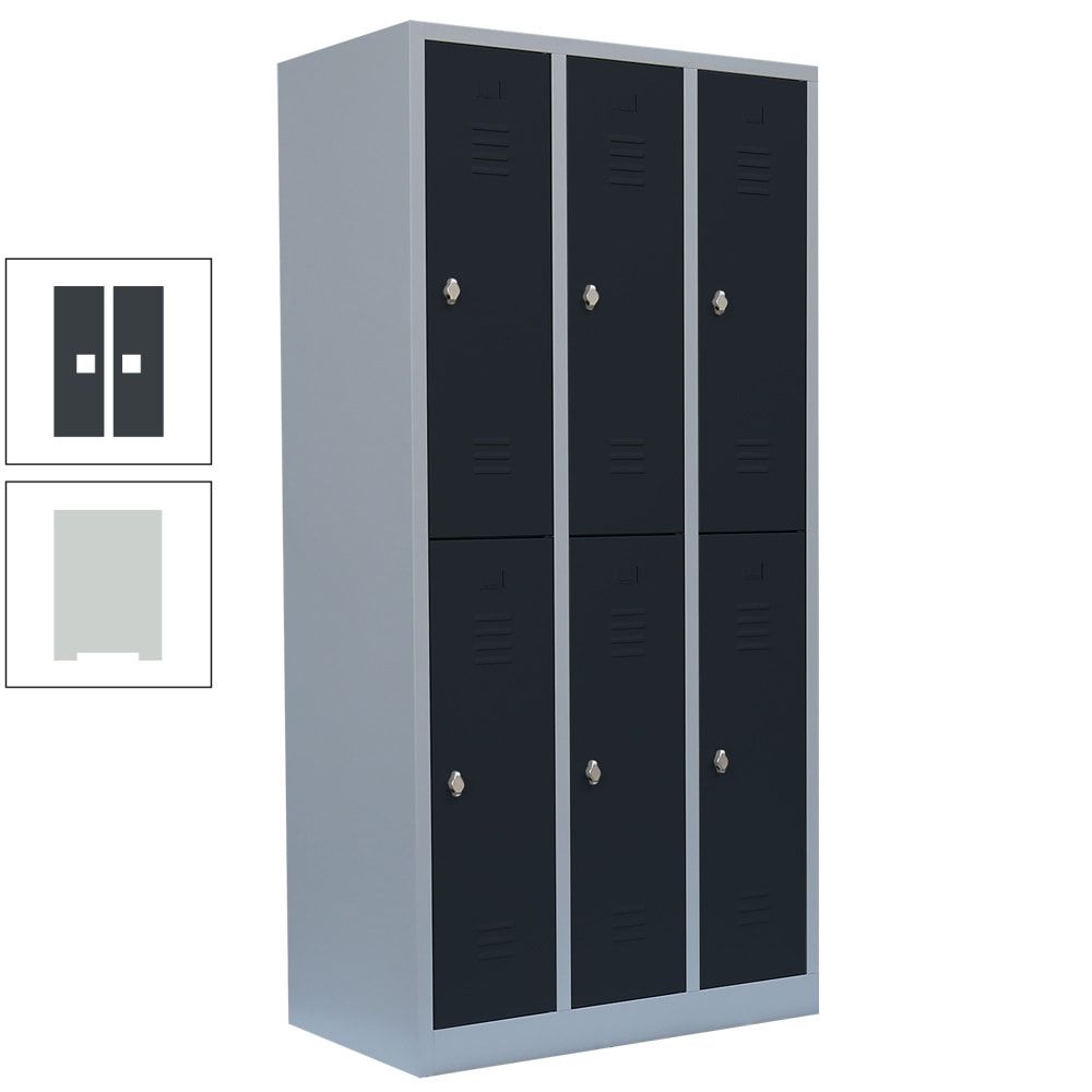 Garderobenschrank, Doppelstockspind, 3 Abteile, 6 Fächer, 1.800 x 885 x 500 mm (HxBxT), Stahl, Drehriegel, Korpus: lichtgrau, Front: anthrazitgrau