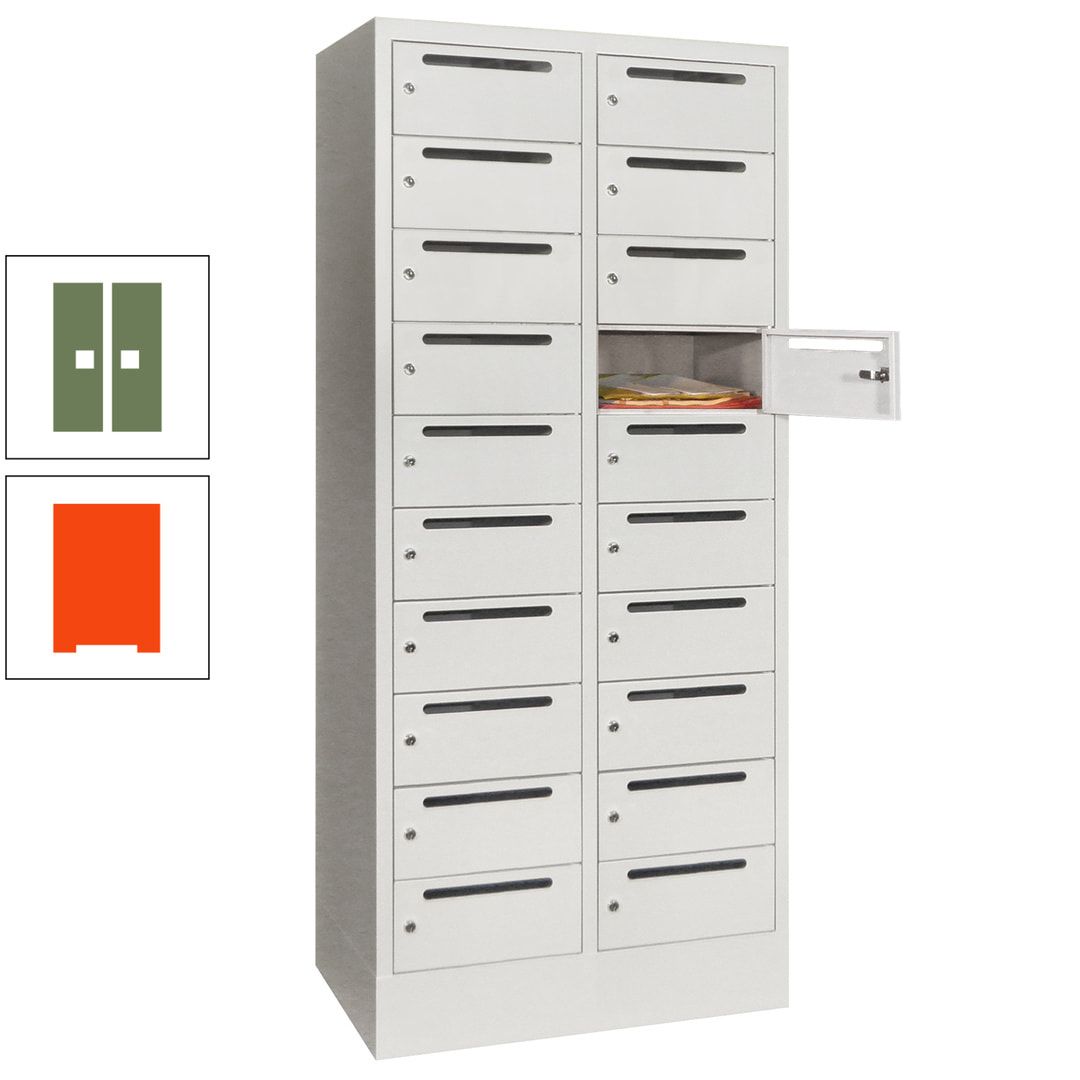 Postverteilerschrank, Schließfachschrank, 2 Abteile a 400 mm, 20 Fächer, 1.850 x 800 x 500 mm (HxBxT), Korpus anthrazitgrau, Front anthrazitgrau