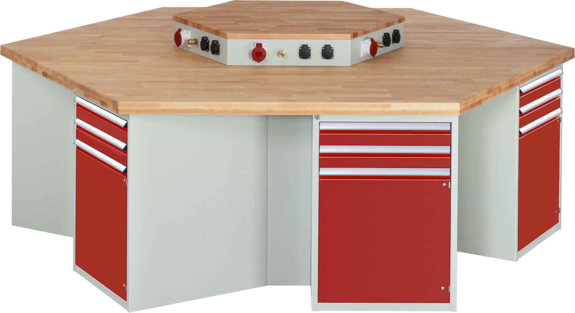 Gruppenwerkbank, Buche, Höhe 840 mm, mit Energieaufsatz, Unterbau-Container, 2 Schubladen, 1 Tür, 1 Boden - Anthrazitgrau