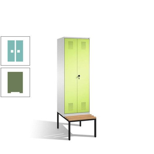 Doppel-Spind, Garderobenschrank, Buche Sitzbank untergebaut, 2 Abteile a 300 mm, Korpus anthrazitgrau, Tür anthrazitgrau, 2.090 x 600 x 815 mm (HxBxT)