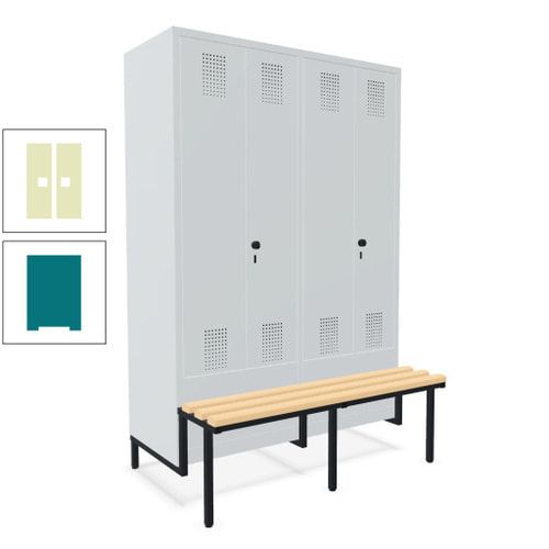 Doppel-Spind, Garderobenschrank, Buche Sitzbank integriert, 4 Abteile 300 mm, Korpus anthrazitgrau, Tür anthrazitgrau, 1.850 x 1.200 x 815 mm (HxBxT)