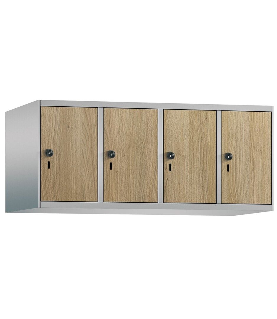 Aufsatzschrank, Schrankaufsatz, 4 Fächer a 300 mm, Farbe Pastellgelb, Tür anthrazitgrau, 500 x 1.200 x 500 mm (HxBxT)