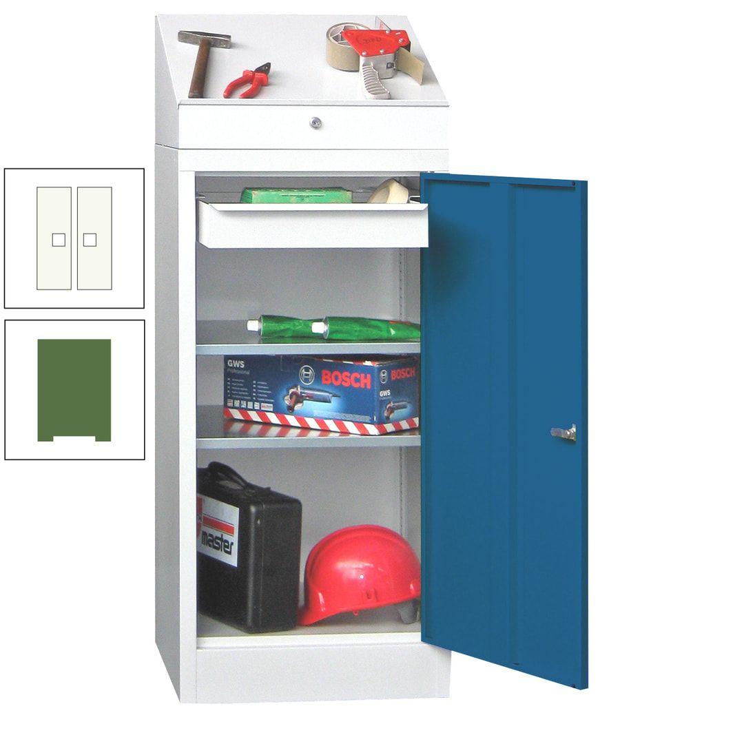 Stehpult mit Schrank - Vollblechtür - 1 Einlegeboden, 1 Ausziehboden, 1 Schublade - 1.270x500x500 mm (HxBxT) - anthrazitgrau