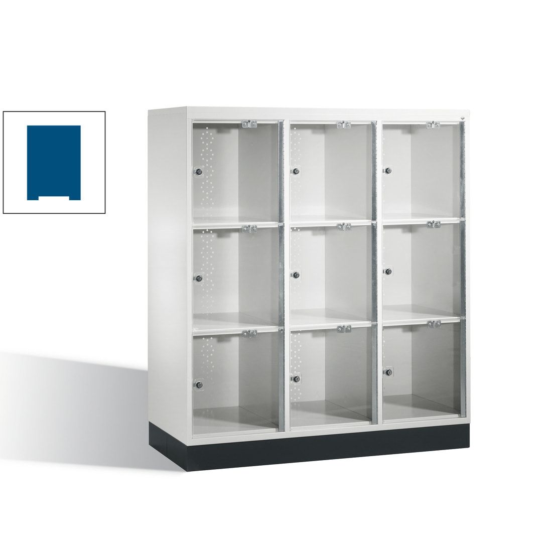 Schließfachschrank, Fächerschrank mit Türen aus Acrylglas, 3 Abteile, 9 Fächer, Zylinderschloss, 1.370 x 1.220 x 500 mm (HxBxT), Korpus anthrazitgrau