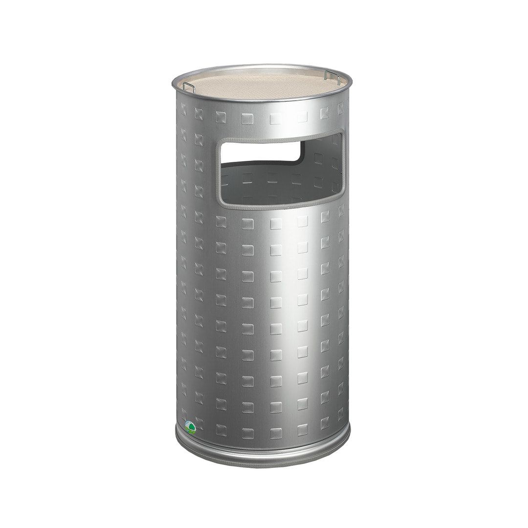 Abfallsammler mit Ascher - rund - Aluminium - Volumen 37 l - 700 x 320 x 320 mm (HxBxT) - Antik silber, geprägt