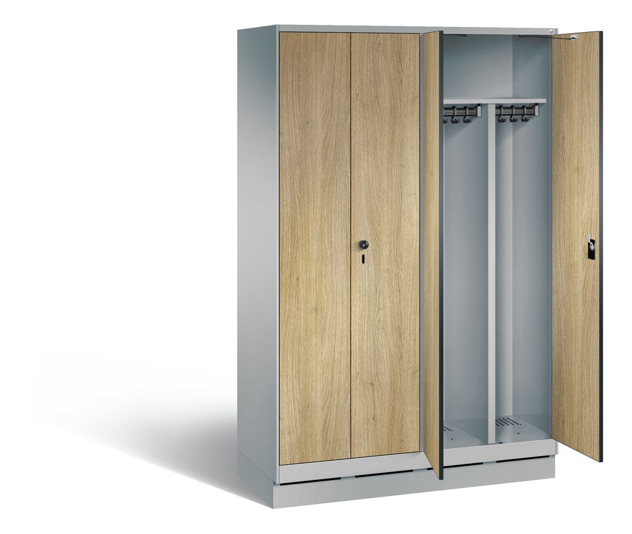 Doppel-Spind, Garderobenschrank auf Sockel, 2 Abteile a 300 mm, Korpus anthrazitgrau, Tür Dekorfront HPL Donau-Ahorn, 1.800 x 1.200 x 500 mm (HxBxT)