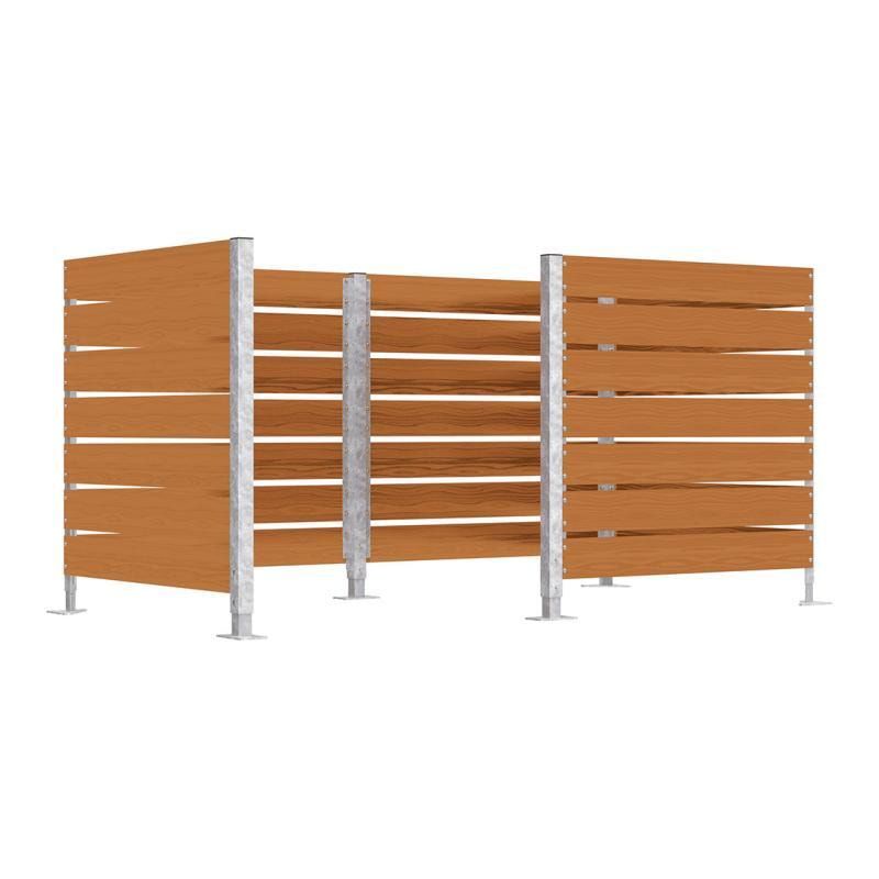 Mülltonnenumhausung, modular, Stahl feuerverzinkt, auf Bodenplatten, Holz, Helle Eiche Lasur, 1.500 mm (GH), 13 mm stark, 1.200 x 1.500 mm (HxB)