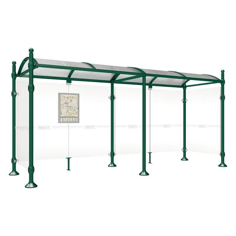 Buswartehalle, Unterstand, 2 Seitenwände, Kopf gebürsteter Edelstahl, ESG, Fahrplanschaukasten, 2.500 x 2.500 x 1.600 mm (HxBxT), Farbe enzianblau