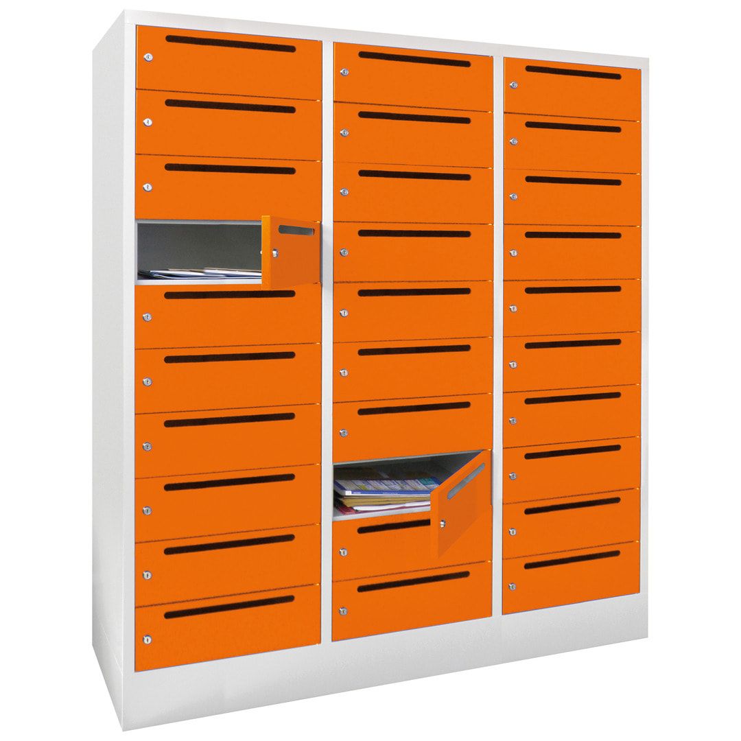 Postverteilerschrank, Schließfachschrank, 3 Abteile a 40 cm, 30 Fächer, 1.850 x 1.200 x 500 mm (HxBxT), Korpus anthrazitgrau, Front anthrazitgrau