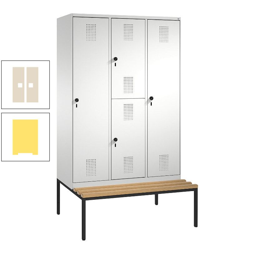 Garderobenschrank, Spind ein- und doppelstöckig Sitzbank, 3 Abteile, 4 Fächer, 2.090x1.200x500 mm (HxBxT), Front anthrazitgrau, Korpus anthrazitgrau