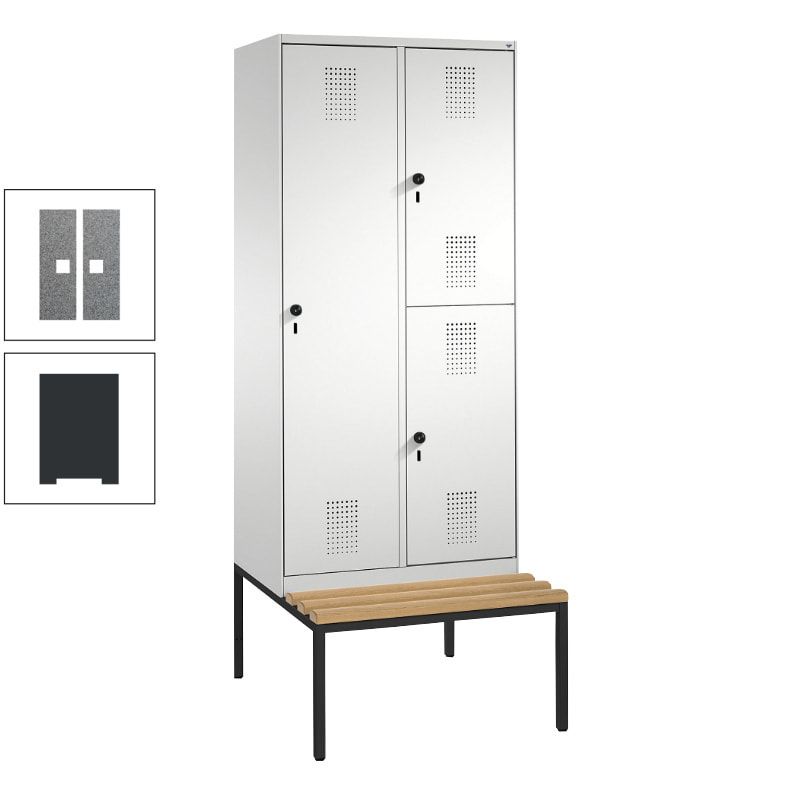 Garderobenschrank, Spind ein- und doppelstöckig Sitzbank, 2 Abteile, 3 Fächer, 2.090 x 800 x 500 mm (HxBxT), Front anthrazitgrau, Korpus anthrazitgrau