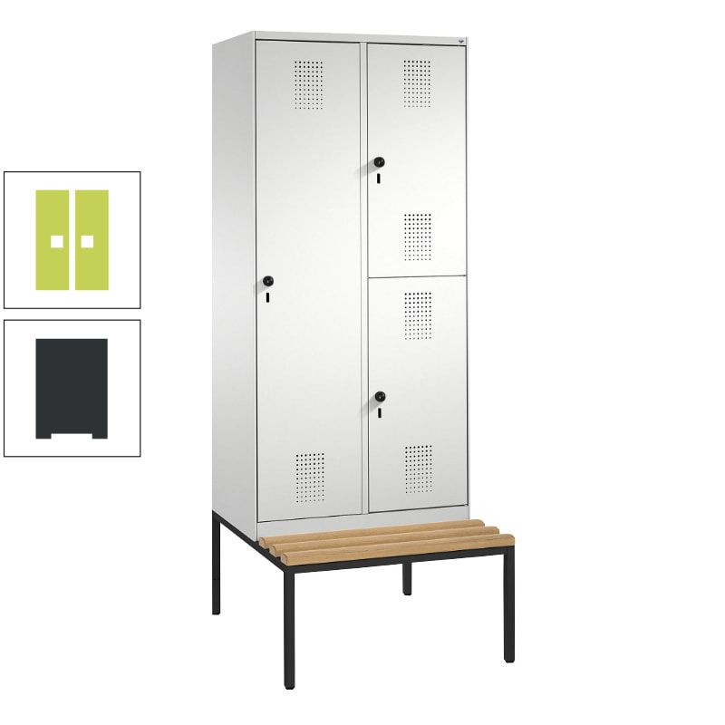 Garderobenschrank, Spind ein- und doppelstöckig Sitzbank, 2 Abteile, 3 Fächer, 2.090 x 800 x 500 mm (HxBxT), Front anthrazitgrau, Korpus anthrazitgrau