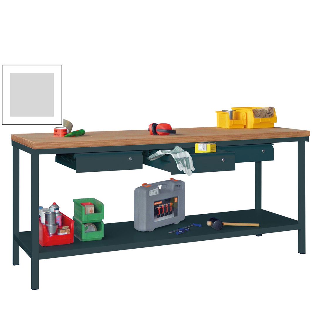 Werkbank mit Ablageboden - 3 Schubladen - 900 x 2.000 x 700 mm (HxBxT) - anthrazitgrau