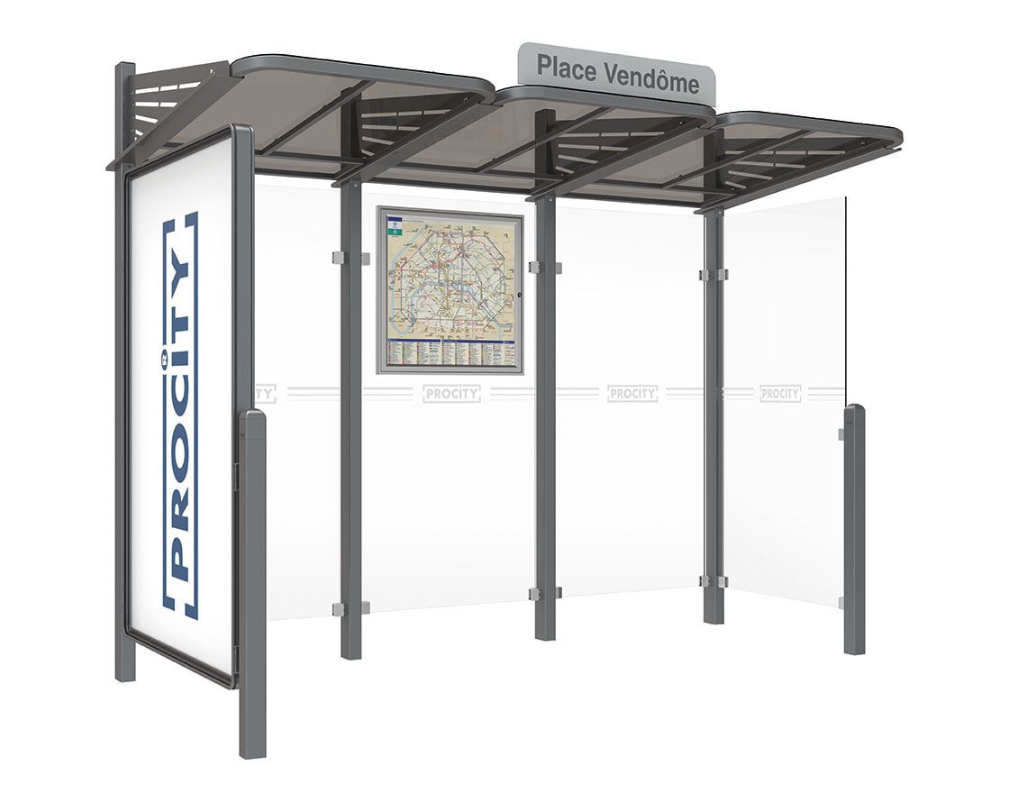 Buswartehalle - Unterstand - Fahrplankasten - Haltestellenschild - Schaukasten - Seitenwand - 2.200 x 3.000 x 1.500 mm (HxBxT) - Farbe enzianblau