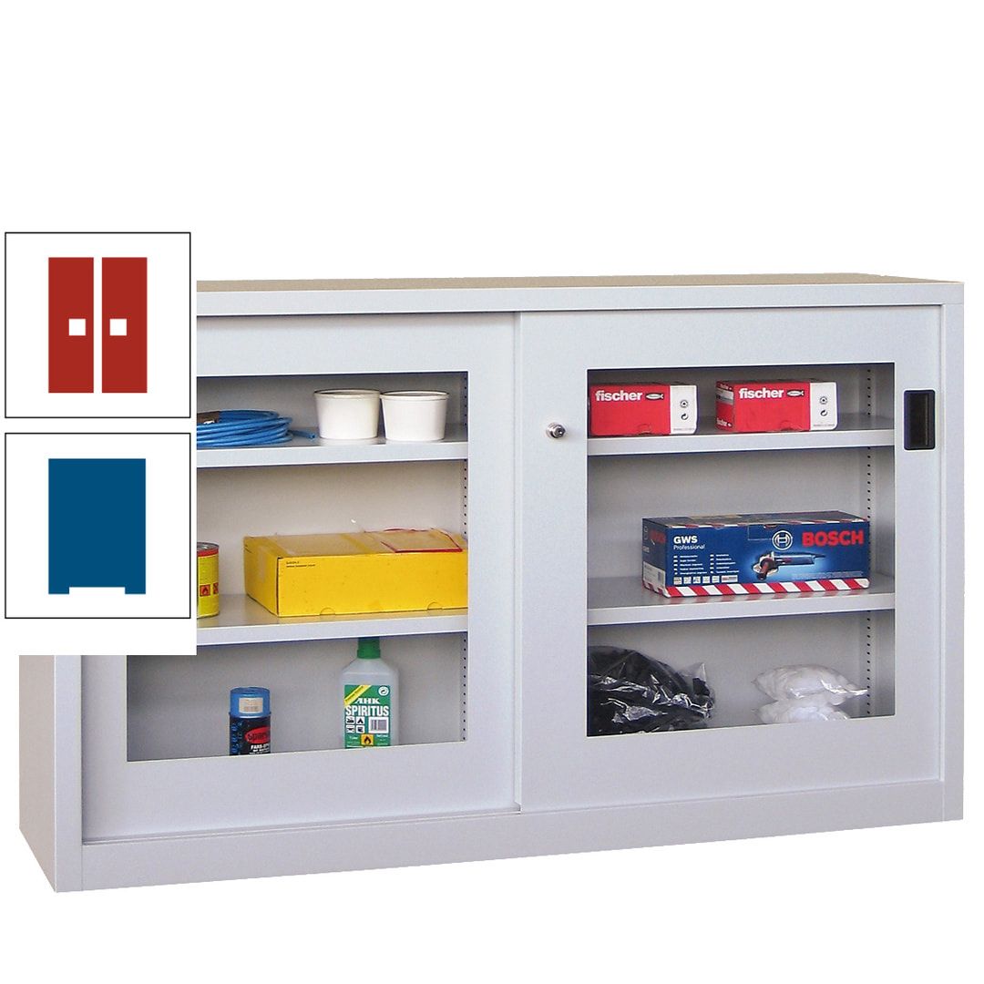 Schiebetürenschrank - Sichtfenstertüren - 1.000x1.500x600 mm (HxBxT) - 4 Böden, verzinkt - Zylinderschloss - anthrazitgrau