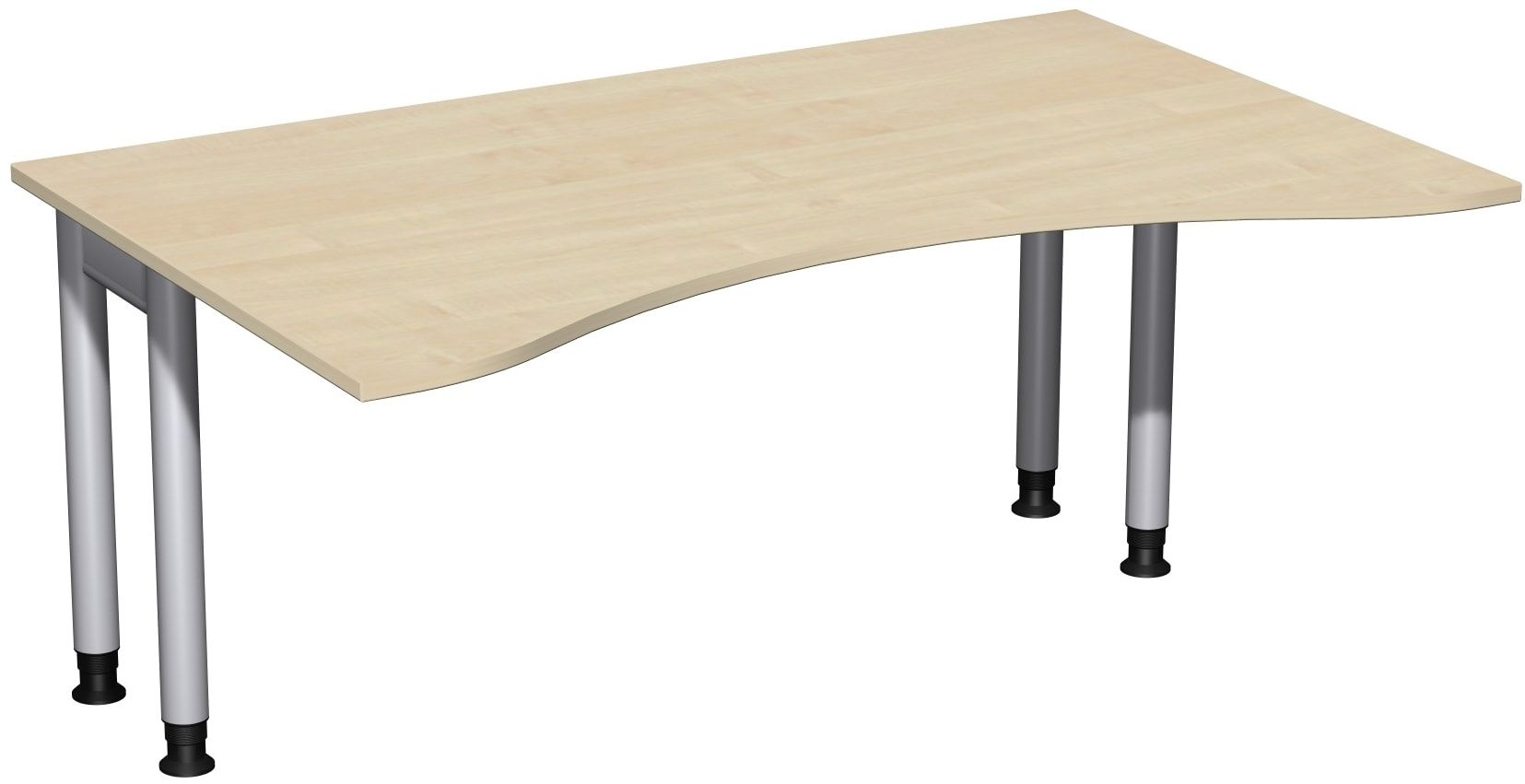 Ergo-Schreibtisch, Füße einseitig verkürzt, 4-Fuß Pro, höhenverstellbar, 680-800 x 1.600 x 1.000 mm (HxBxT), Gestell silber, Dekor Ahorn