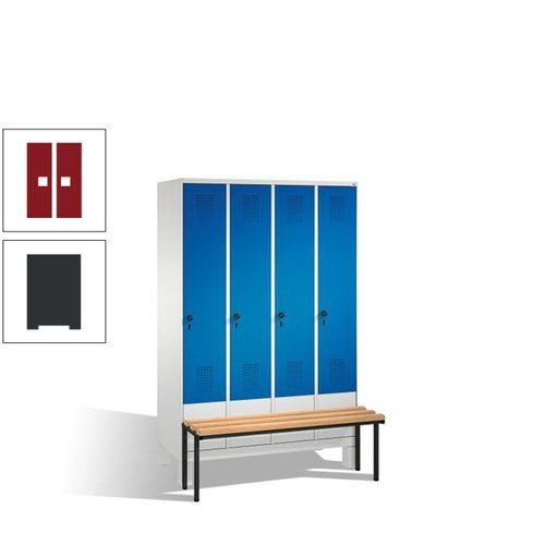Stahl-Garderobenschrank, Spind, Buche Sitzbank vorgebaut, 4 Abteile a 300 mm, Korpus Lichtgrün, Tür Schwefelgelb, 1.850 x 1.200 x 815 mm (HxBxT)