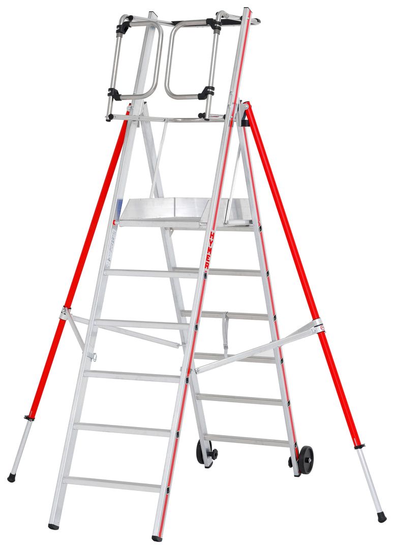 Erweiterbare Plattformleiter - Länge 1.850 mm - Plattform mit Geländer - mit Ablageschale - Aluleiter