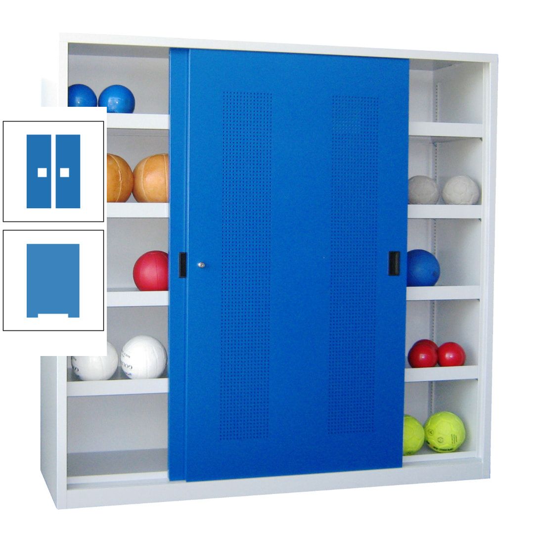 Ballschrank - Schiebetüren mit Lochfeld - Trennwand - 8 Böden - 1.950x2.000x600 mm (HxBxT) - anthrazitgrau