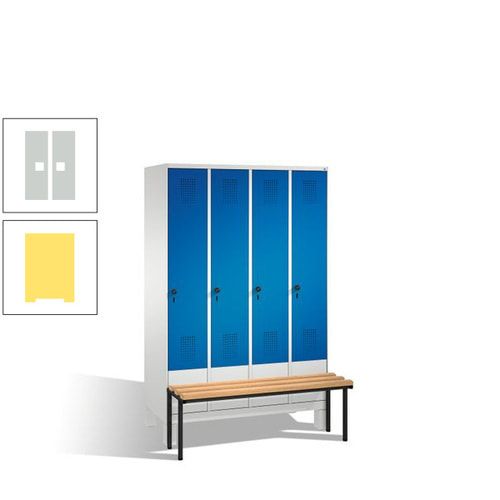 Stahl-Garderobenschrank, Spind, Buche Sitzbank vorgebaut, 4 Abteile a 300 mm, Korpus Lichtgrün, Tür Schwefelgelb, 1.850 x 1.200 x 815 mm (HxBxT)