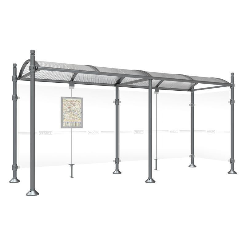Buswartehalle, Unterstand, 2 Seitenwände, Kopf gebürsteter Edelstahl, ESG, Fahrplanschaukasten, 2.500 x 2.500 x 1.600 mm (HxBxT), Farbe enzianblau