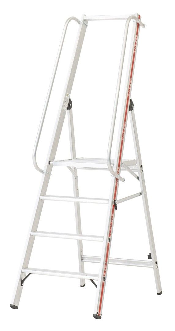 Plattformleiter mit langem Handlauf, Aluminium, Stehleiter, ohne Rollen, Rutschhemmung R11, Leiterlänge 2.100 mm, 4 Stufen, Traglast 150 kg, Hymer