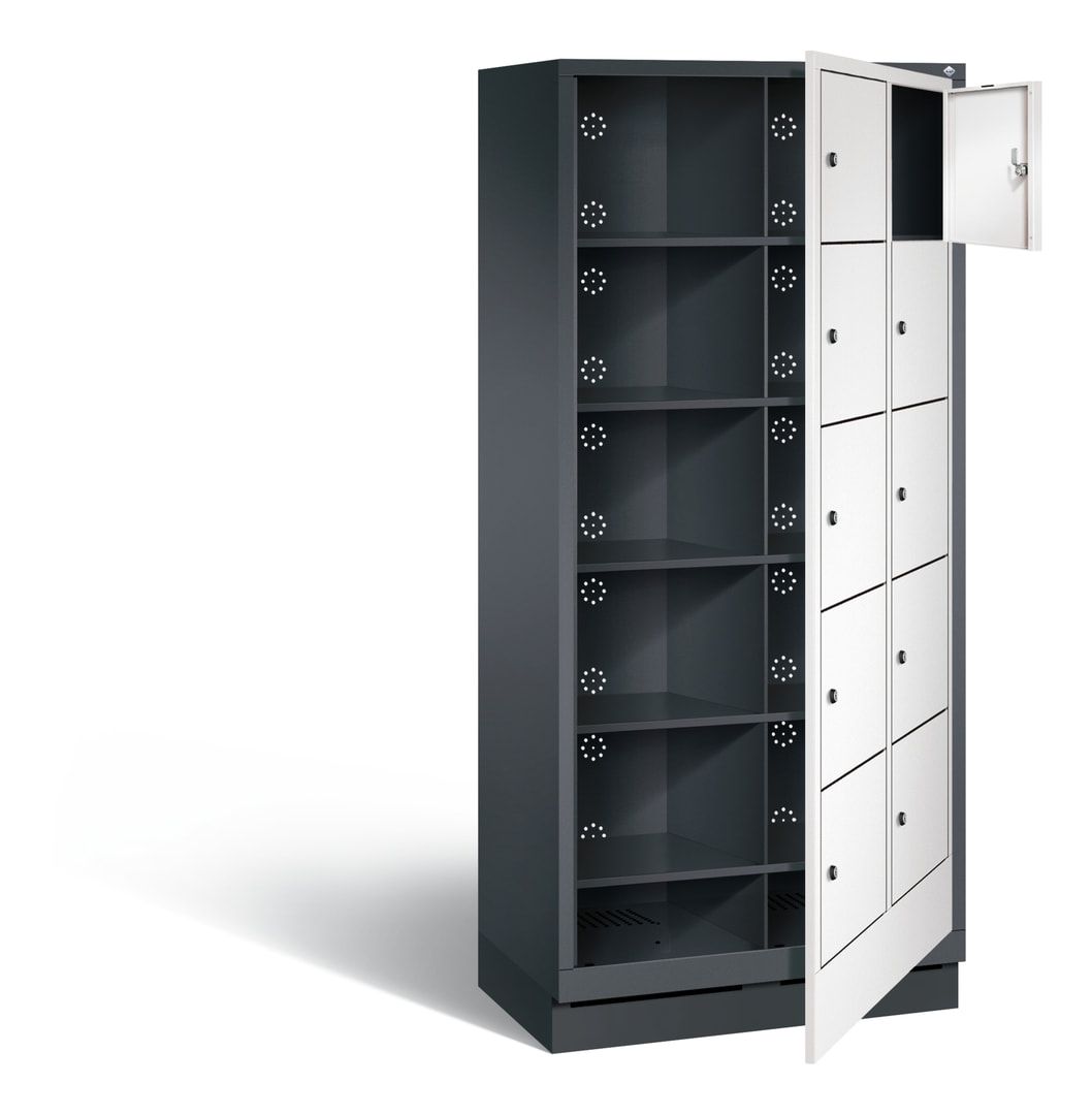 Wäscheschrank, Ausgabeschrank, Fächerschrank, Zentraltür, Sockel, 10 Fächer, Korpus Pastellgelb, Tür anthrazitgrau, 1.800 x 810 x 500 mm (HxBxT)