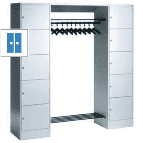 Garderobenanlage, Offene Garderobe mit Spindschrank, 10 Fächer, links/rechts, Korpus lichtgrau, Türfarbe enzianblau, 1.950 x 1.870 x 480 mm (HxBxT)