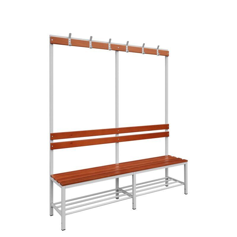 Umkleidebank, Umkleide-Sitzbank, Schuhrost, Haken, Breite 1.200 mm, Sitzhöhe 400 mm, Stahl mit Holzleisten, Gestell: lichtgrau, Sitzleisten: Buche